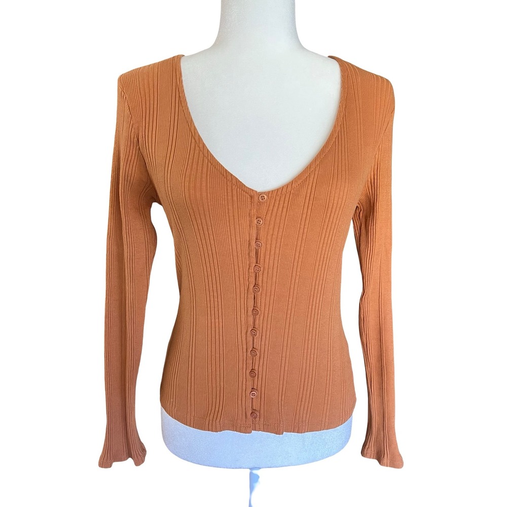 By Anthropologie Ribbed Long Sleeve Button Front S Top Terracotta Boho Classic
